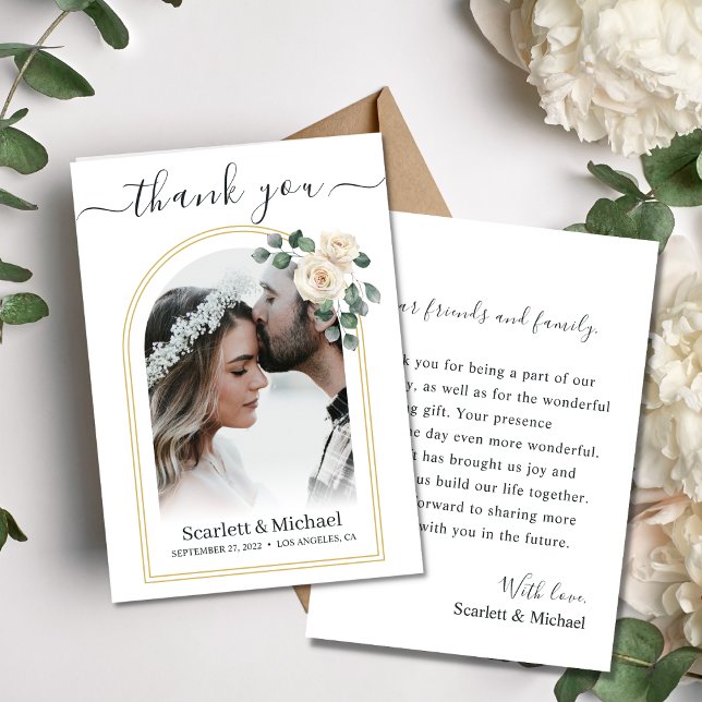Modern Elegant White Rose & Golden Arch Wedding Thank You Card (Creator Uploaded)