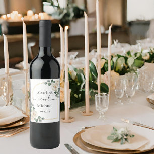 Modern Elegant White Rose & Golden Arch Wedding Wine Label