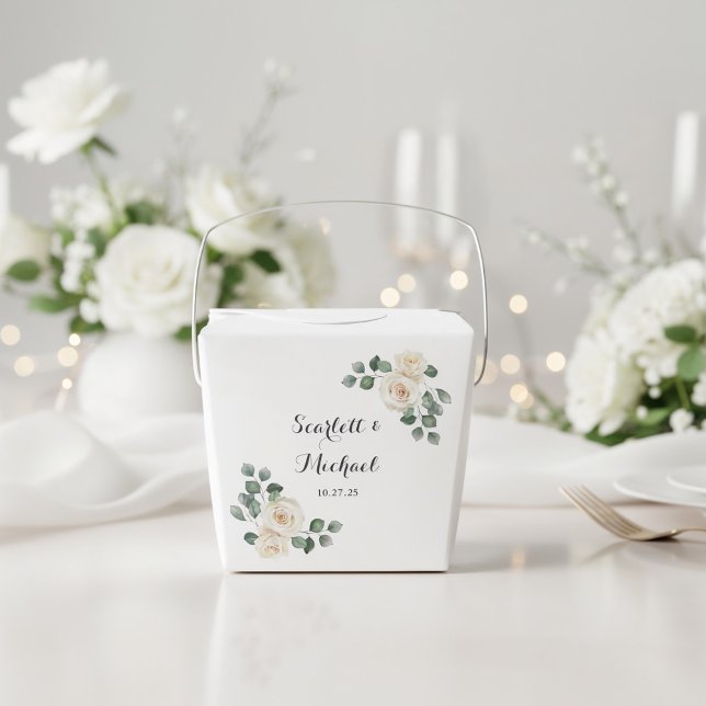 Modern Elegant White Rose Wedding Favour Box (Front view soft botanical romantic timeless wedding watercolor white roses garden wedding favor box
)