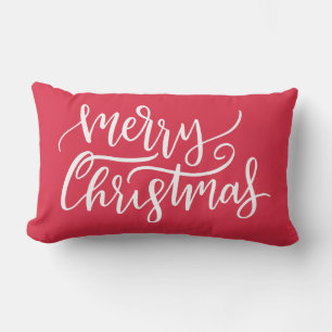 Modern Elegant White Script Merry Christmas Red Lumbar Cushion