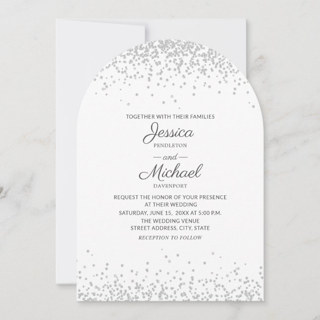 Modern Elegant White Silver Glitter Arch Wedding Invitation (Front)