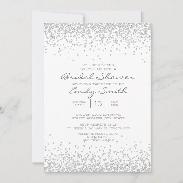 Modern Elegant White Silver Glitter Bridal Shower Invitation (Front)