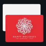 Modern Elegant White Snow Flake on Red Holiday Card<br><div class="desc">Design is composed of a modern white snow on red background with a holiday greeting written in serif typography. Add family name and year.

Available here:
http://www.zazzle.com/store/selectpartysupplies</div>