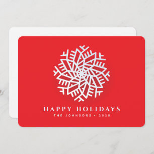 Modern Elegant White Snow Flake on Red Holiday Card