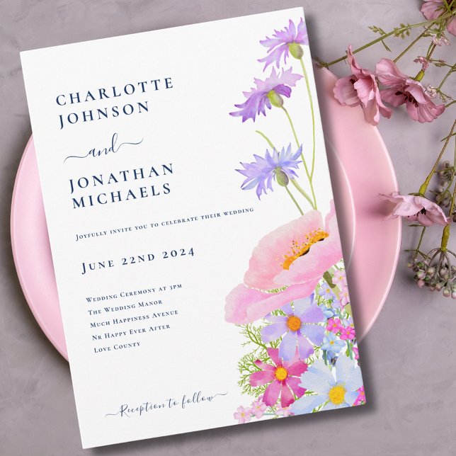 Modern Elegant Wildflower Watercolor Wedding Invitation (Elegant watercolor wildflower summer floral wedding invitation in pastel colors pink lilac blue)