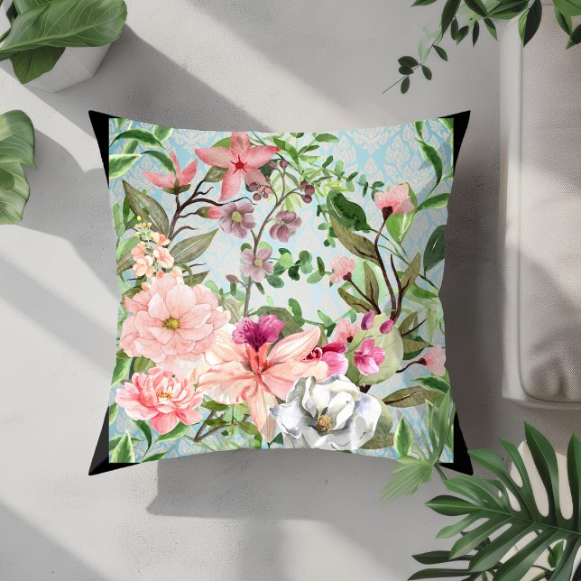 Modern Elegant Wildflowers On Damask Background Cushion (Creator Uploaded)