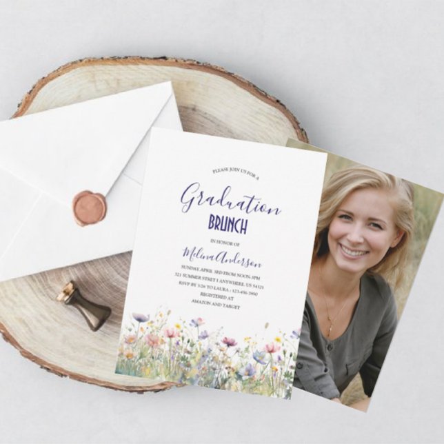 Modern Elegant Wildflowers Photo  watercolor gradu Invitation (Creator Uploaded)