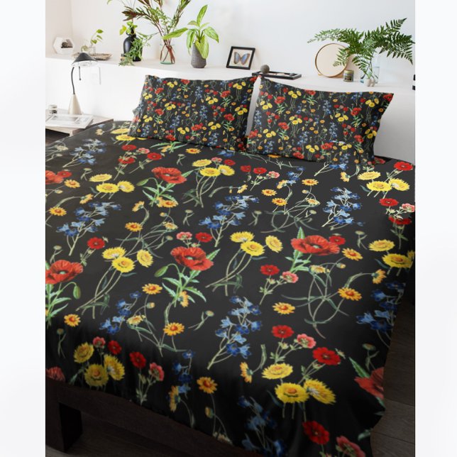 Modern Elegant Wildflowers Poppy Daisy Black Pillowcase (Creator Uploaded)