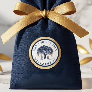 Modern Elegant Willow Tree Navy Blue Gold Wedding Classic Round Sticker