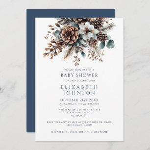 Modern Elegant Winter Floral Pinecone Baby Shower Invitation