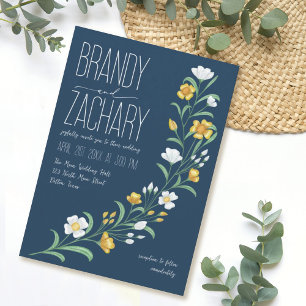 Modern Elegant Yellow Blue Sweeping Floral Wedding Invitation