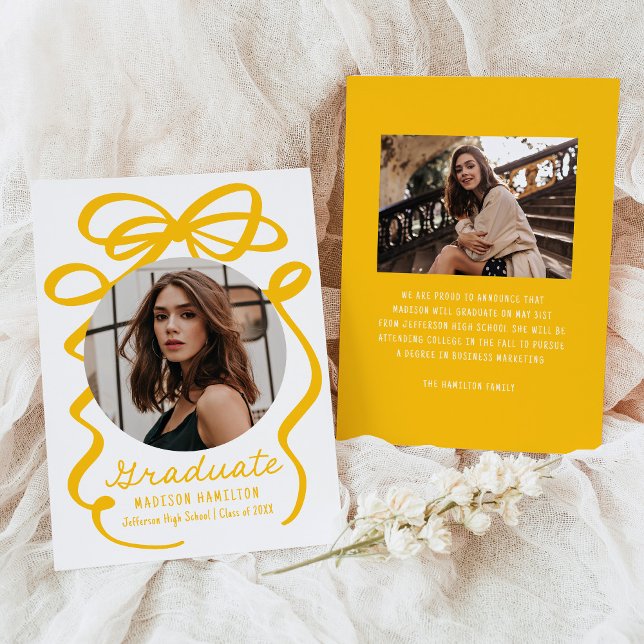 Modern Elegant Yellow Bow 2 Photo Graduation Announcement (Creator Uploaded)
