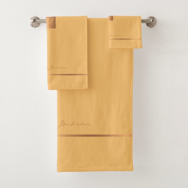 Modern elegant yellow chic monogrammed stripes bath towel set (Insitu)