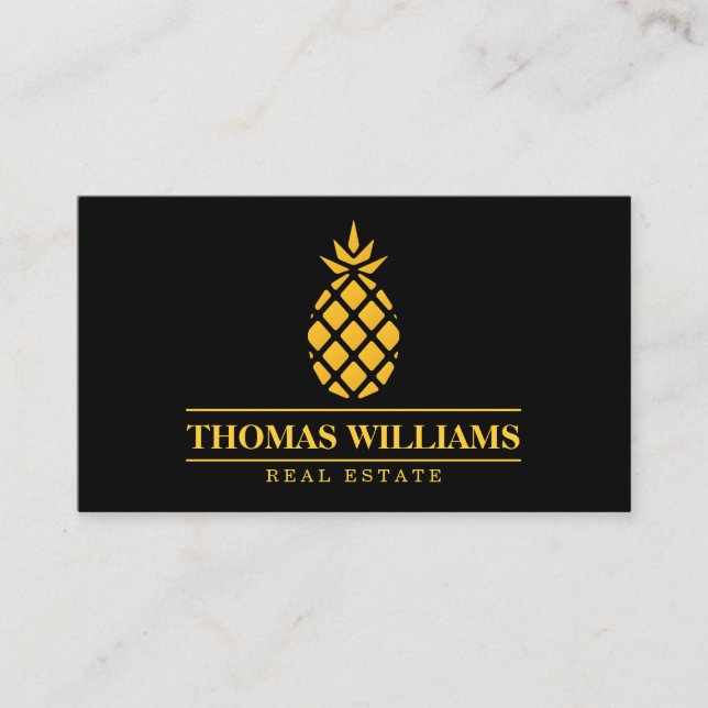 Modern Elegant Yellow Pineapple Logo on Black Business Card (Front)