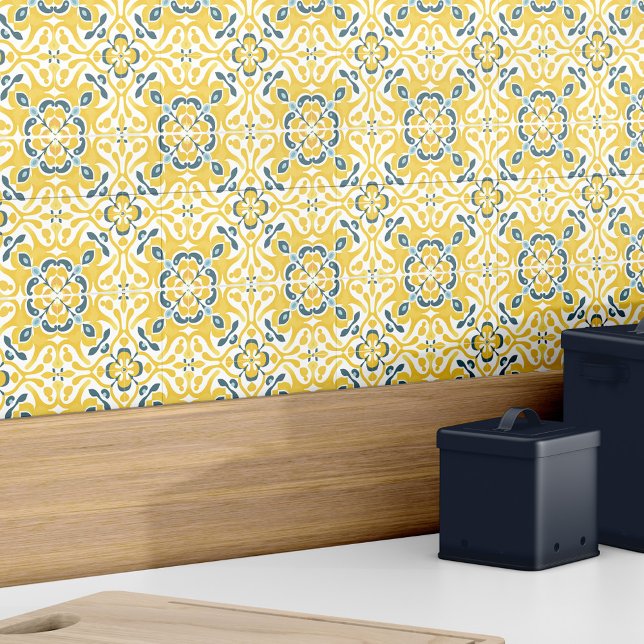 Modern Elegant Yellow Teal Spanish Azulejo Pattern Ceramic Tile (Modern Elegant Yellow Teal Spanish Azulejo Pattern Ceramic Tile)