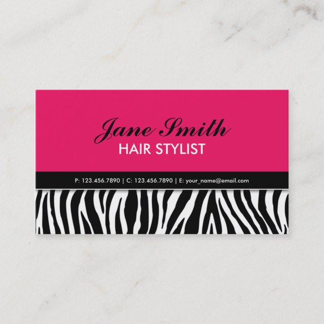 Modern Elegant Zebra Print Hair Stylist Hot Pink Business Card (Front)
