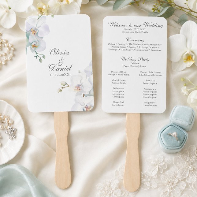 Modern Eleganta White Orchids Wedding Program Hand Fan (Modern Eleganta White Orchids Wedding Program Hand Fan)