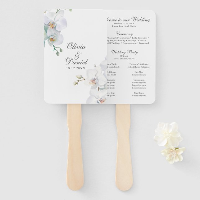 Modern Eleganta White Orchids Wedding Program Hand Fan (Front and Back)