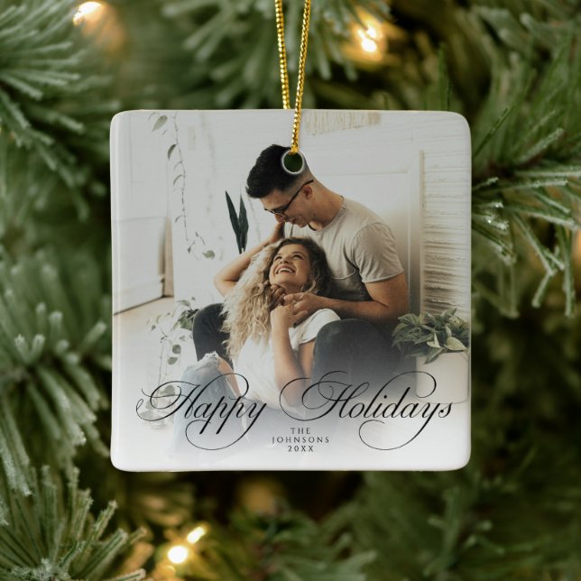 Modern Elegent Simple Merry Christmas Script Photo Ceramic Ornament (Tree)