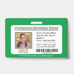 Modern Elementary School Student ID Badge Green