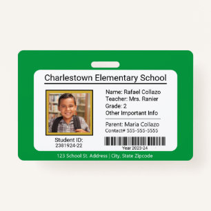 Modern Elementary School Student ID Badge Green
