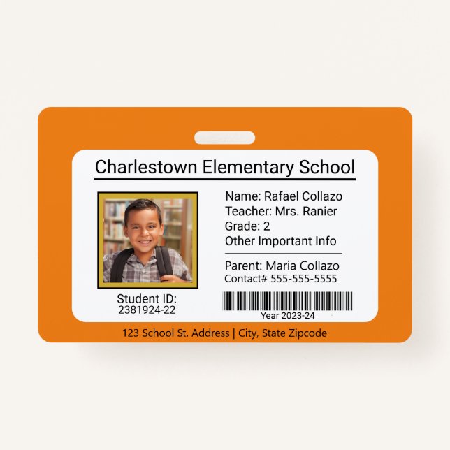 Modern Elementary School Student ID Badge Orange (Front)
