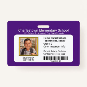 Modern Elementary School Student ID Badge Purple