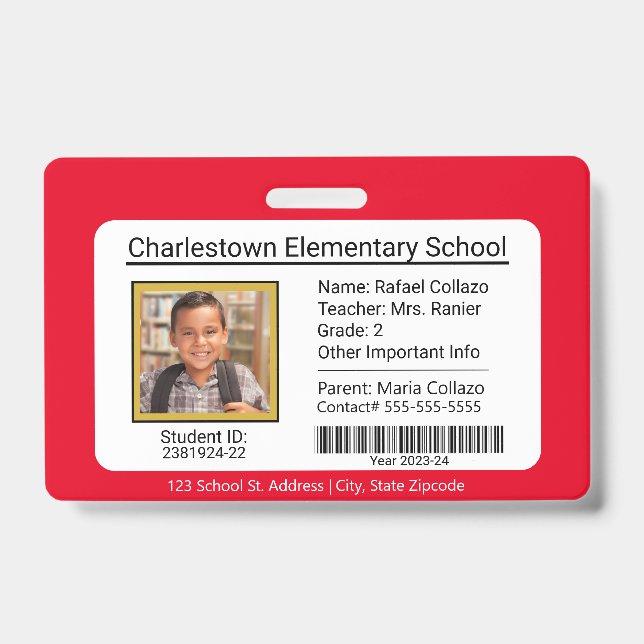 Modern Elementary School Student ID Badge red (Front)