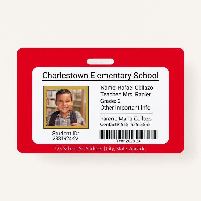 Modern Elementary School Student ID Badge red (Front)