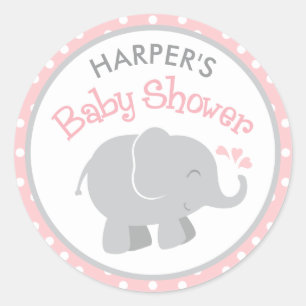 Modern Elephant Baby Girl Shower Blush Pink Grey Classic Round Sticker