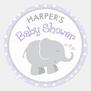 Modern Elephant Baby Girl Shower Purple and Grey Classic Round Sticker