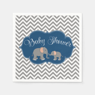 Modern Elephant Chevron Navy Blue Grey Baby Shower Napkin