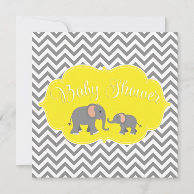 Modern Elephant Chevron Yellow Grey Baby Shower Invitation (Front)