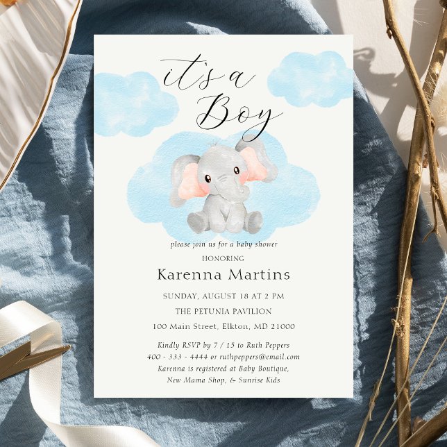 Modern Elephant Clouds It's a Boy Baby Shower Invitation (Creator Uploaded)
