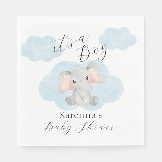 Modern Elephant Clouds It's A Boy Baby Shower Napkin (Front)