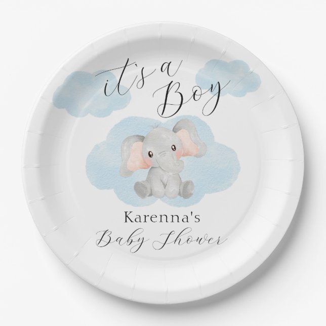 Modern Elephant Clouds It's A Boy Baby Shower Paper Plate (Front)