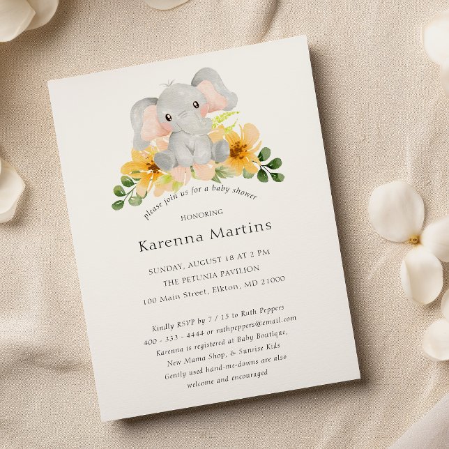 Modern Elephant Floral Gender Neutral Baby Shower Invitation (Creator Uploaded)