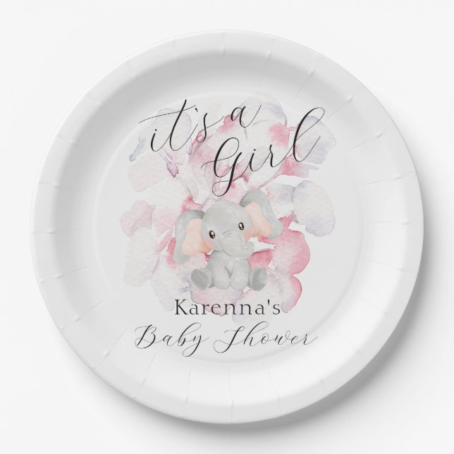 Modern Elephant Floral It's A Girl Baby Shower Paper Plate (Front)
