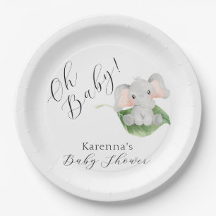 Modern Elephant Greenery Oh Baby Shower Paper Plate