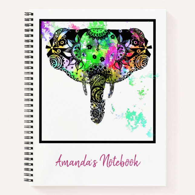 Modern elephant mandala rainbow paint splatter. notebook (Front)