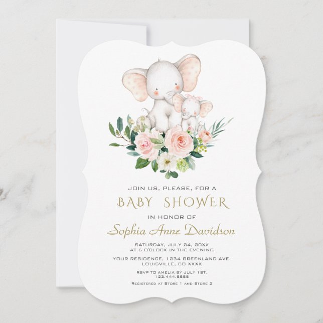 Modern Elephant Pink Cream Flowers Baby Shower Invitation (Front)