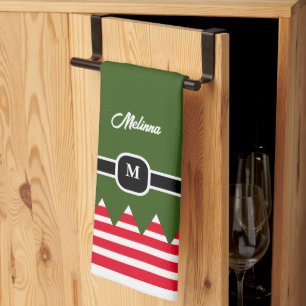 Modern Elf Pine Green Holiday Monogram Tea Towel