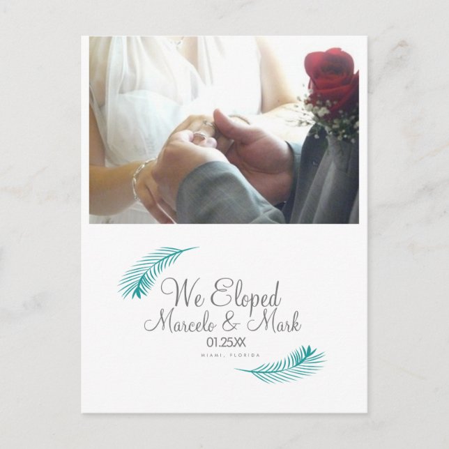 Modern Eloped Tropical Palm Leaf Greenery Postcard (Front)