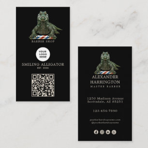 Modern Emerald Alligator Barber Shop Logo Qr Code Business Card