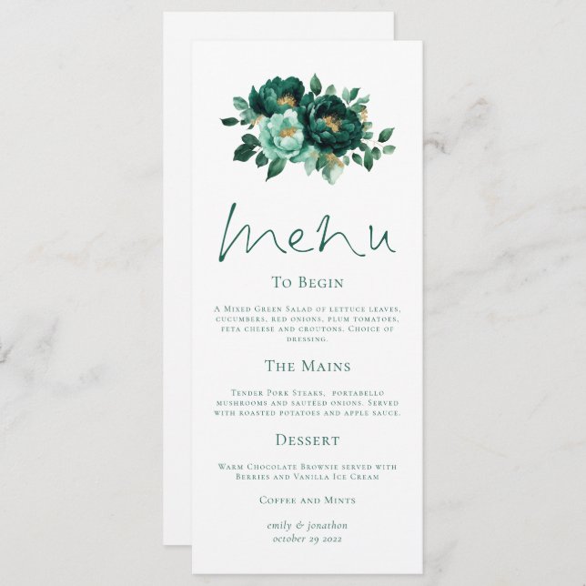 Modern Emerald and Gold Florals Wedding Menu Card (Front/Back)