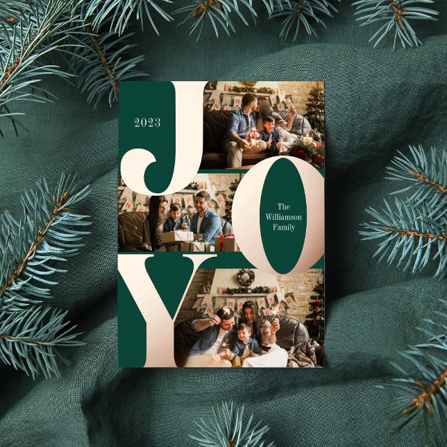 Modern Emerald and Rose Gold Joy Family Photo Foil Holiday Card (Creator Uploaded)