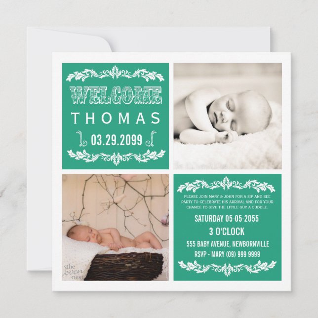 Modern Emerald Baby Sip & See Party Photo Cards (Front)