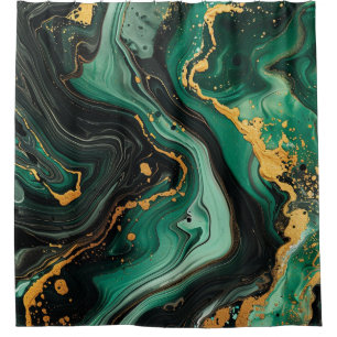 Modern Emerald Black Agate Gold Splatter Marble Shower Curtain