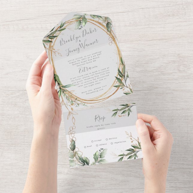 Modern Emerald Boho Tropical Eucalyptus Wedding All In One Invitation (Tearaway)