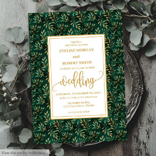 Modern Emerald Gold Greenery Wedding Invitation